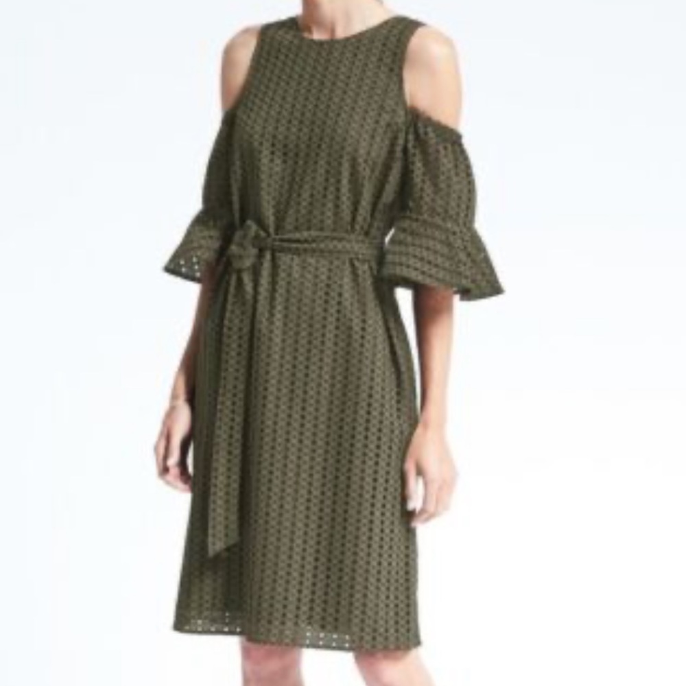 BANANA REPUBLIC M LIMITED EDITION FLUTTER-SLEEVE EYELET DRESS OLIVE GREEN